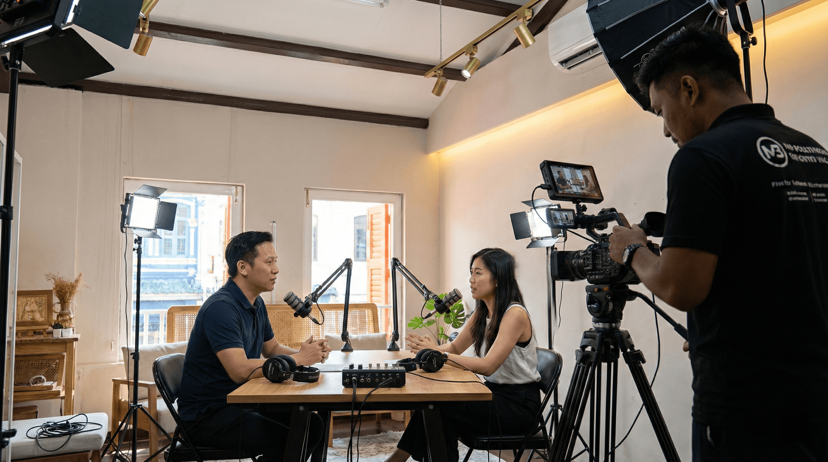 Professional podcast studio with high-end microphones